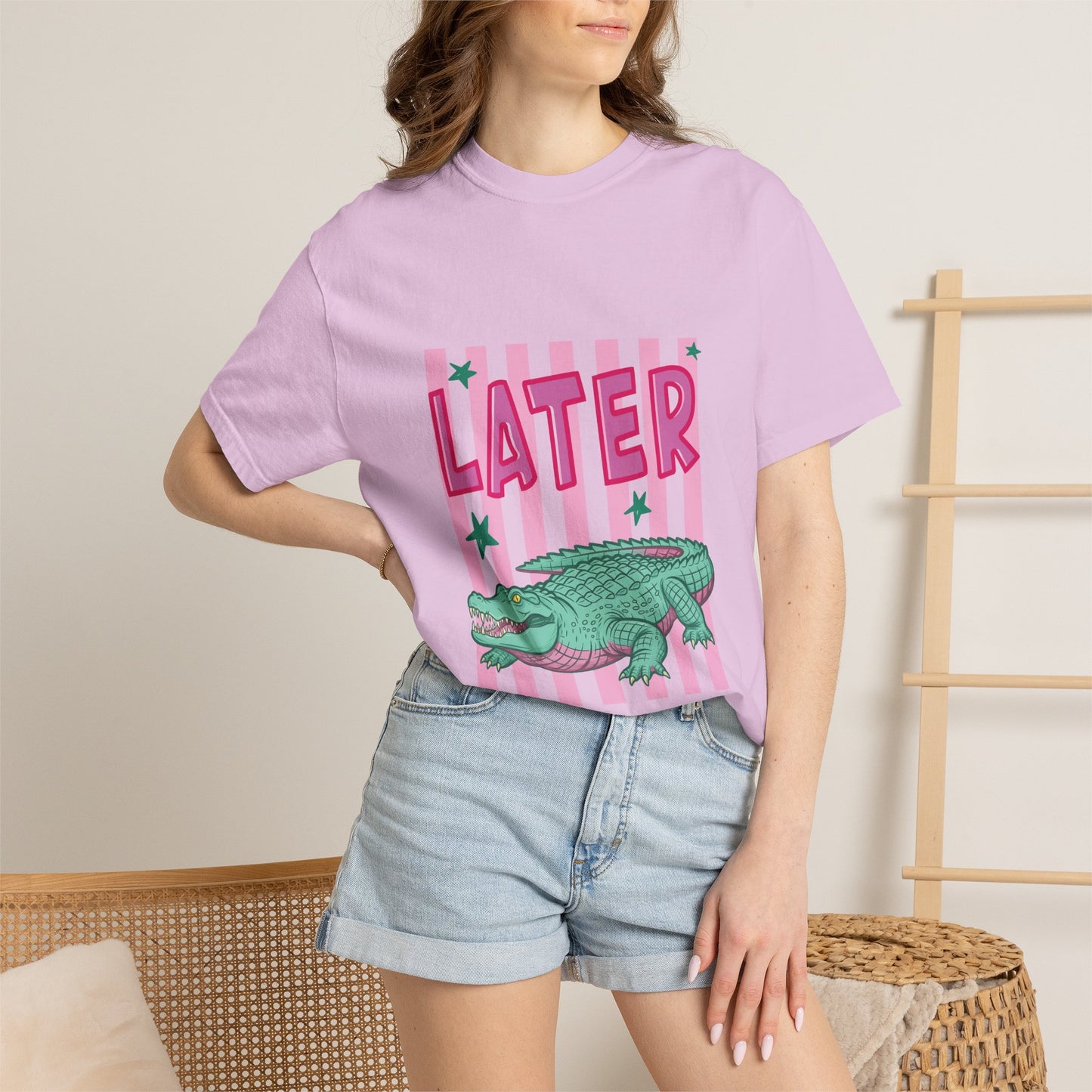 Later While T-Shirt — Retro Pink Striped Alligator Graphic Tee
