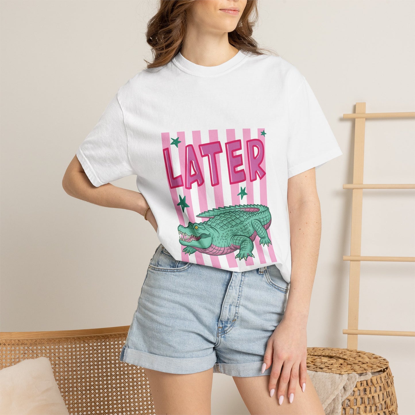 Later While T-Shirt — Retro Pink Striped Alligator Graphic Tee