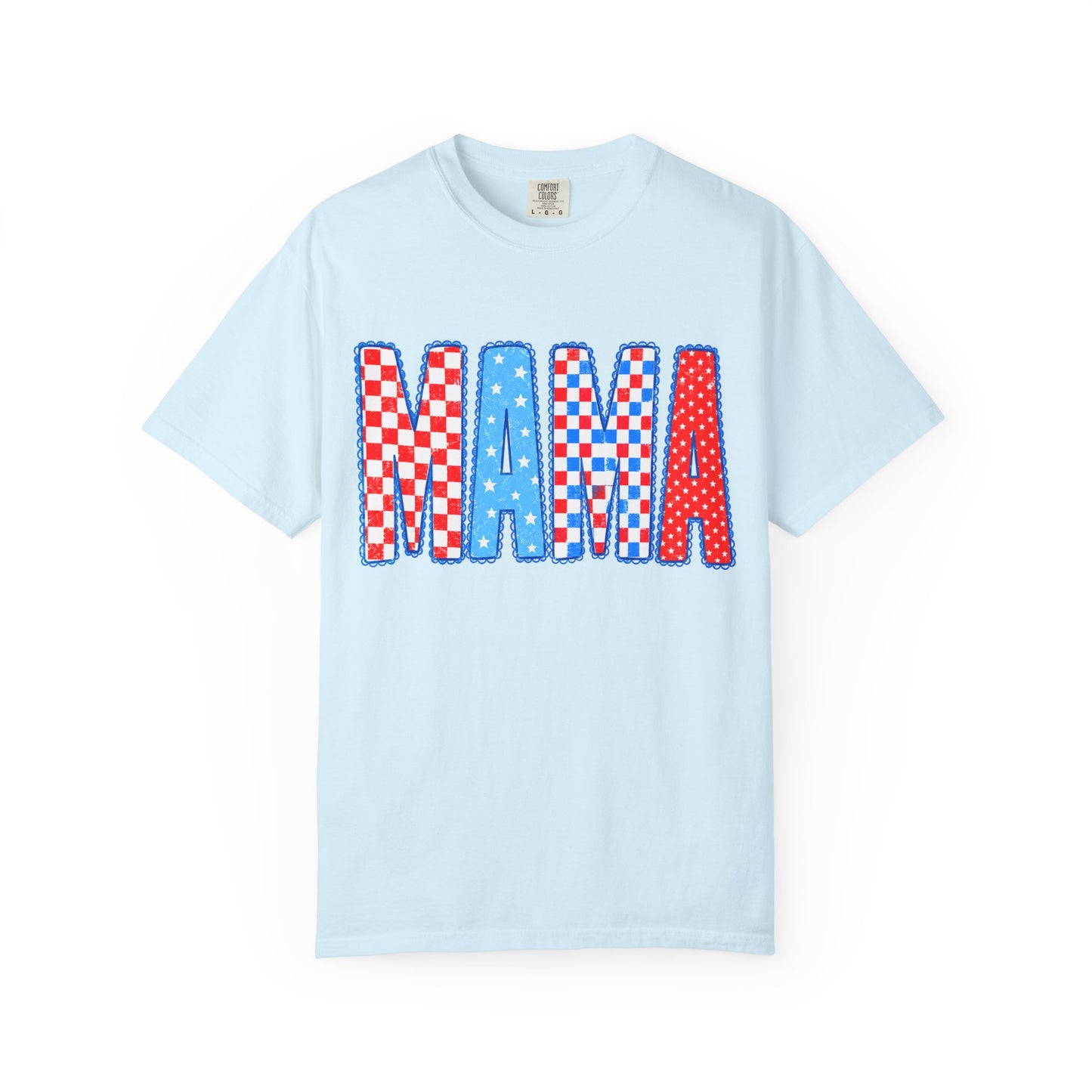 Mama Patriotic Graphic T-Shirt — Red, White & Blue Checkered Lettering