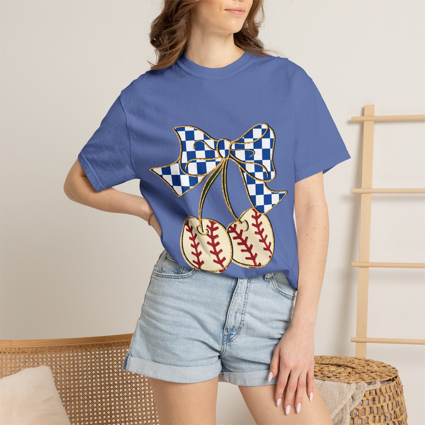 Checkered Bow Baseball Cherries T-Shirt | Sports Graphic Tee